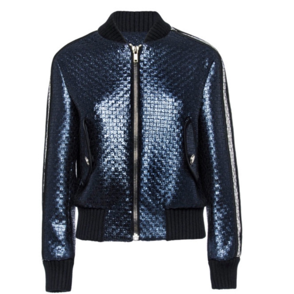 MSGM Milano Women’s Metallic Tweed Bomber Jacket Dark Blue Silver Italy EU 44